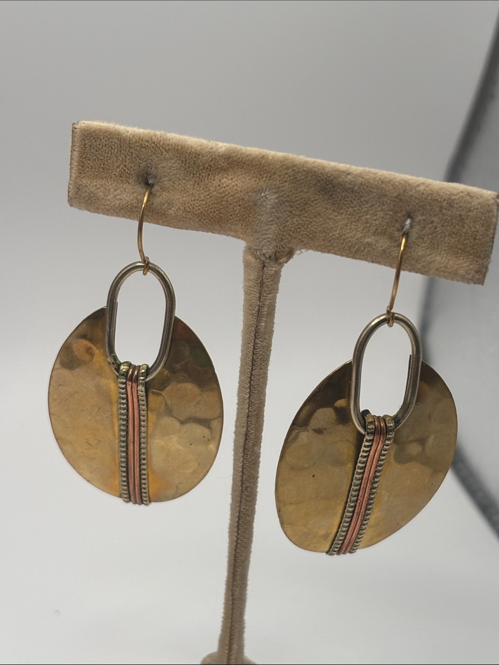 Hammered Gold-Tone Disc Drop Earrings with Mixed Metal Accents